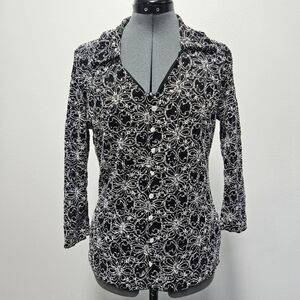 Brittany Black V Neck Collared Blouse Top Black Silver Floral Women's Large
